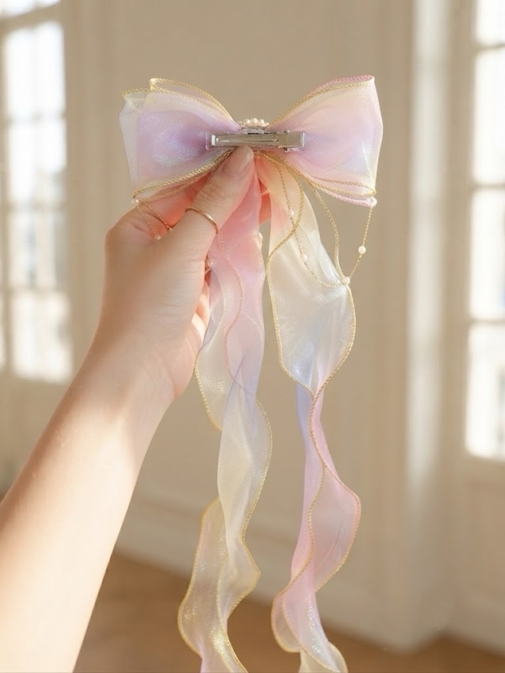 Pastel Ribbon Bow Hair Clip with Pearl Center - Picture 2 of 2